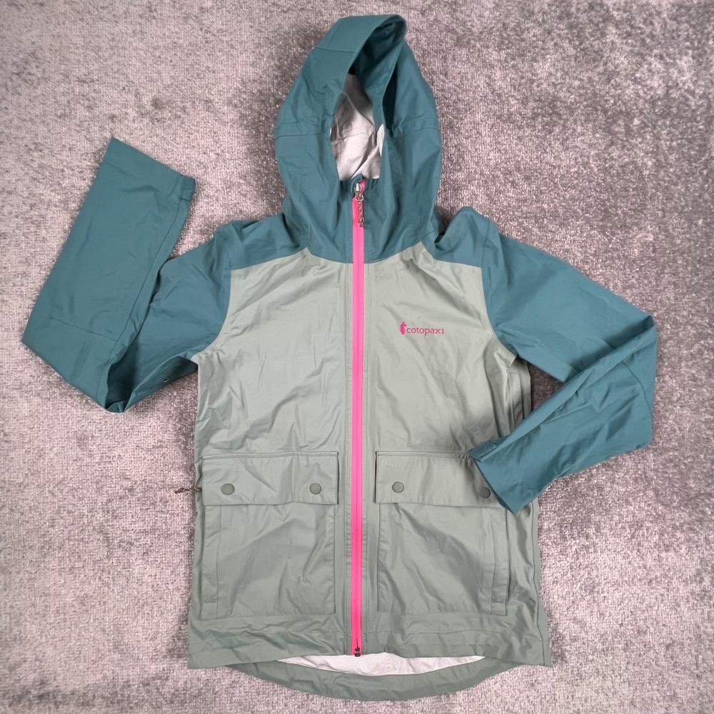 Cotopaxi Womens XS Hooded Rain Jacket Teal Sage Green Pink Colorblock Full Zip